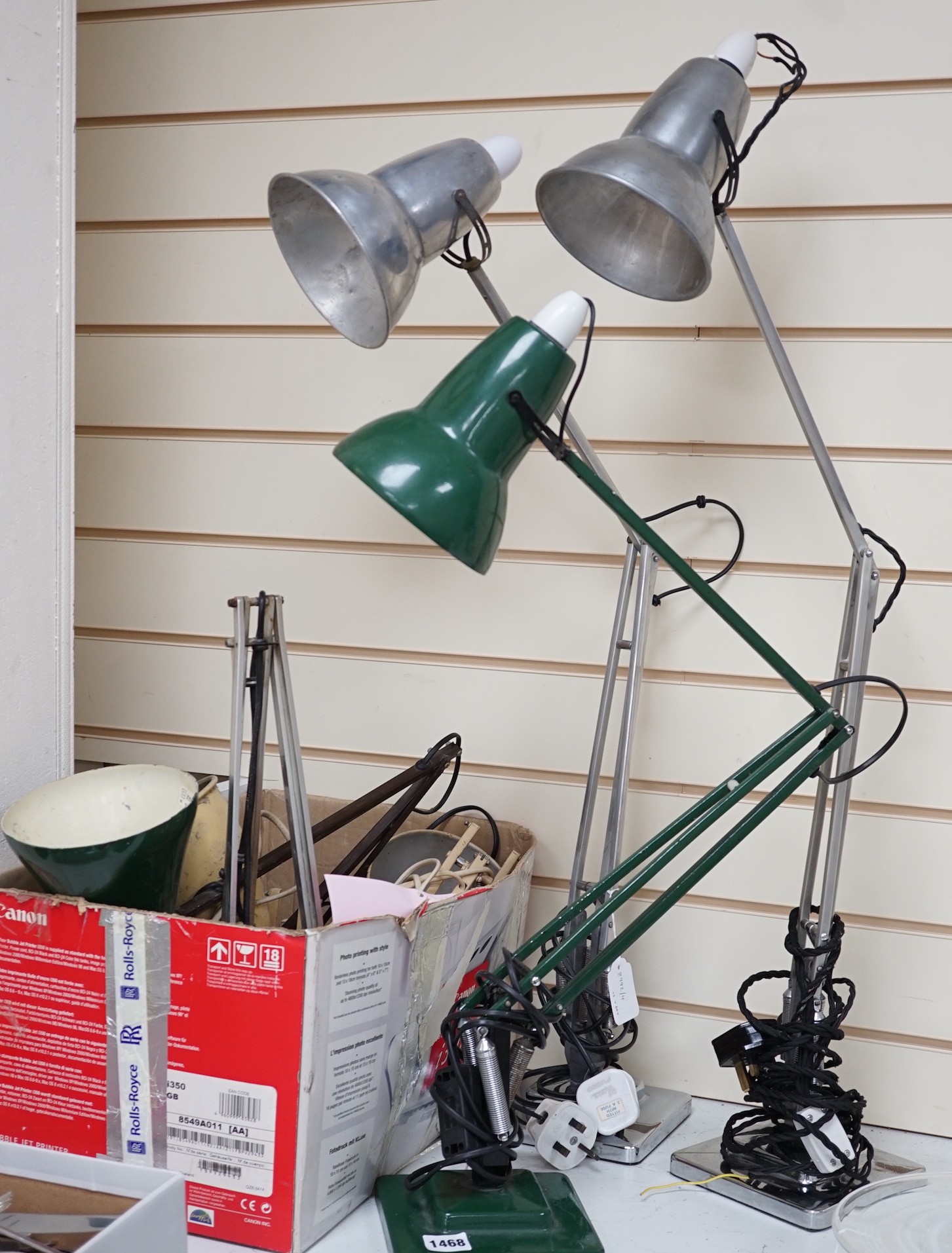 Three anglepoise lamps, together with a box of repairs